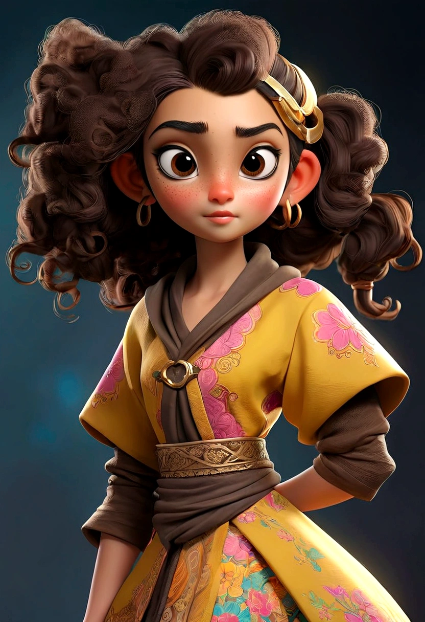 luna, a 12 years old girl, and she is 157cm tall, her hair is curly and brown that fall just above her shoulders often tied up in a pony tail with a few stray strands framing her face, her eyes are big, bright, round, she has a warm golden brown complexion, her face is heart shaped whit high cheek bones and pointed chin, she often wears colorful outfits with pattern and texture that reflect her artistic personality, she is always with a pair of goggles, perched on her forehead standing.