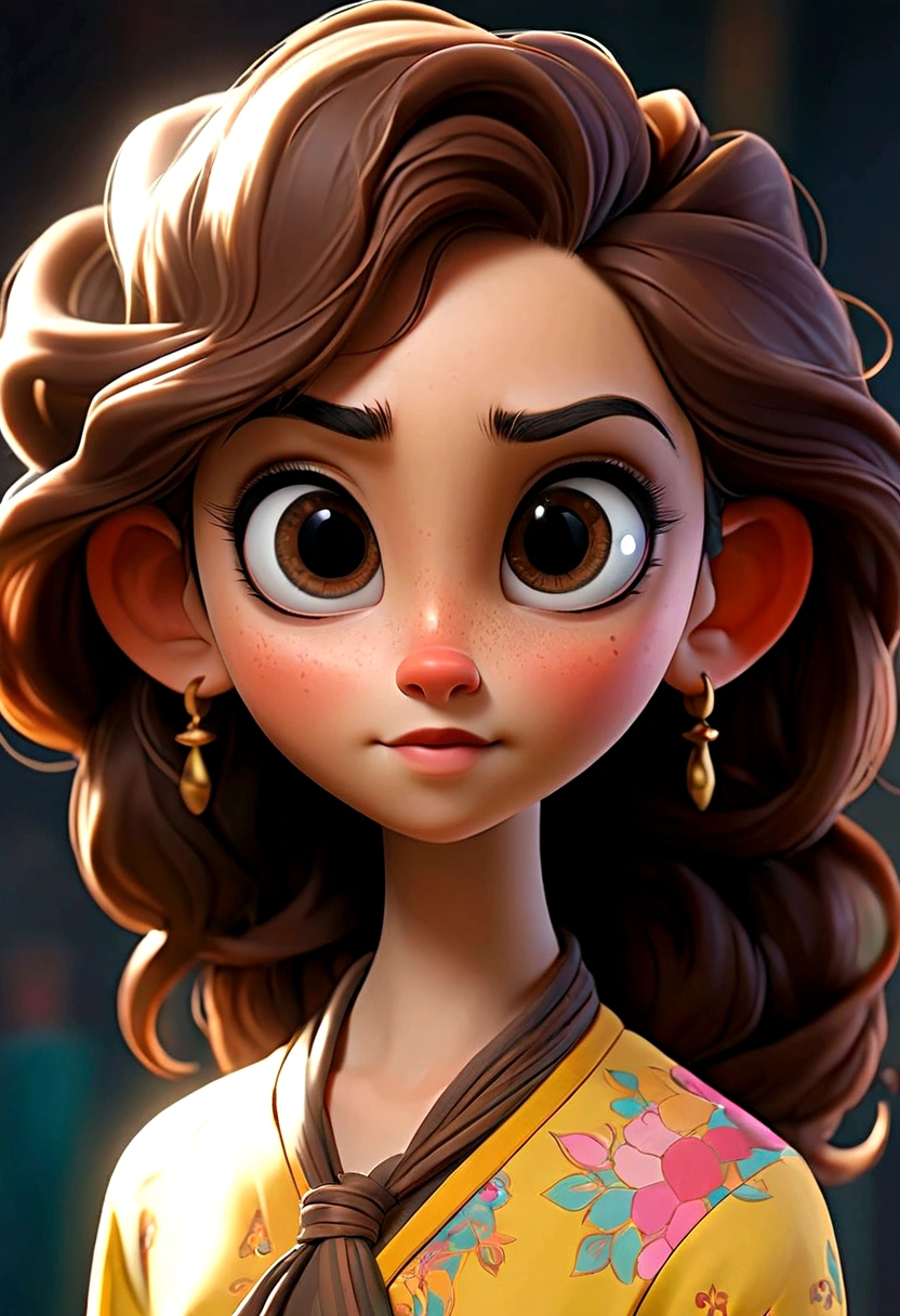 luna, a  girl, and she is 157cm tall, her hair is curly and brown that fall just above her shoulders often tied up in a pony tail with a few stray strands framing her face, her eyes are big, bright, round, she has a warm golden brown complexion, her face is heart shaped whit high cheek bones and pointed chin, she often wears colorful outfits with pattern and texture that reflect her artistic personality, she is always with a pair of goggles, perched on her forehead standing.