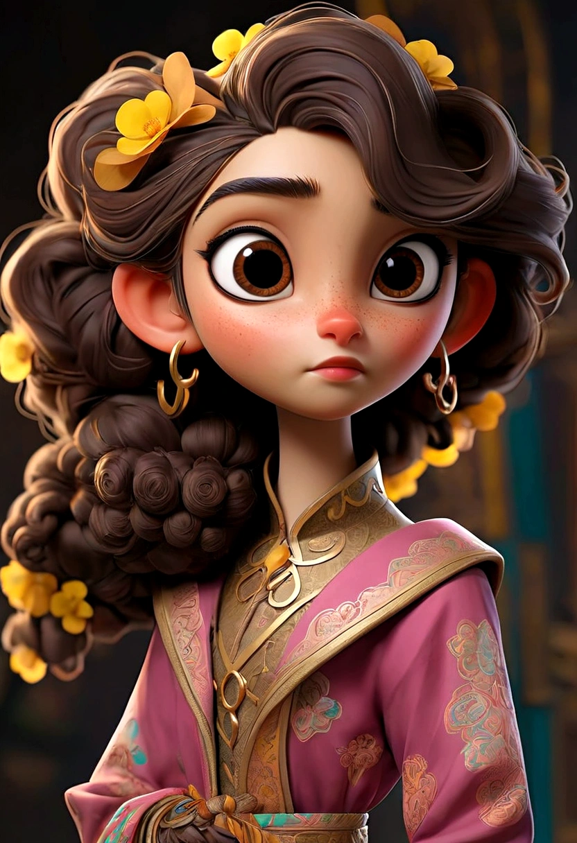 luna, a  girl, and she is 157cm tall, her hair is curly and brown that fall just above her shoulders often tied up in a pony tail with a few stray strands framing her face, her eyes are big, bright, round, she has a warm golden brown complexion, her face is heart shaped whit high cheek bones and pointed chin, she often wears colorful outfits with pattern and texture that reflect her artistic personality, she is always with a pair of goggles, perched on her forehead standing.