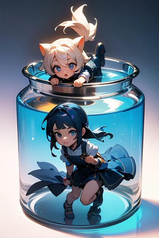 3D-illustration of a very cute girl figure in a jar, Masterpiece((must)), Palm-sized, cute, The face is dense((must)), tiny miniature, Overall, detailed((must))