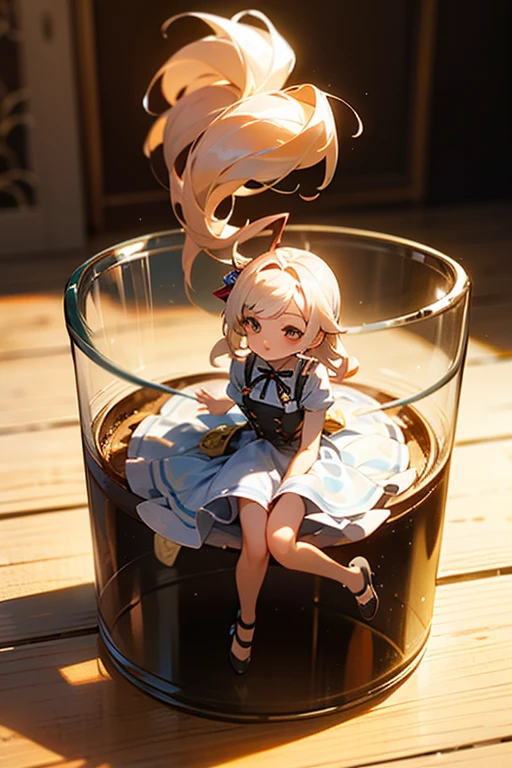 3D-illustration of a very cute girl figure in a jar, Masterpiece((must)), Palm-sized, cute, The face is dense((must)), tiny miniature, Overall, detailed((must))