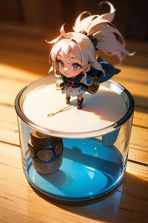 3D-illustration of a very cute girl figure in a jar, Masterpiece((must)), Palm-sized, cute, The face is dense((must)), tiny miniature, Overall, detailed((must))