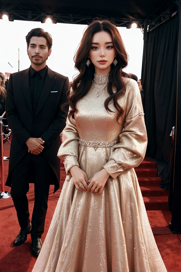 1 woman, 1 man, ideal , dress, Red carpet background, couple, Instagram Filter,