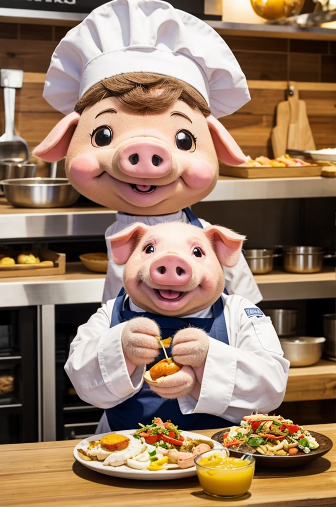A happy little pig in a chef's suit saying delicious and a sign saying carnitas george