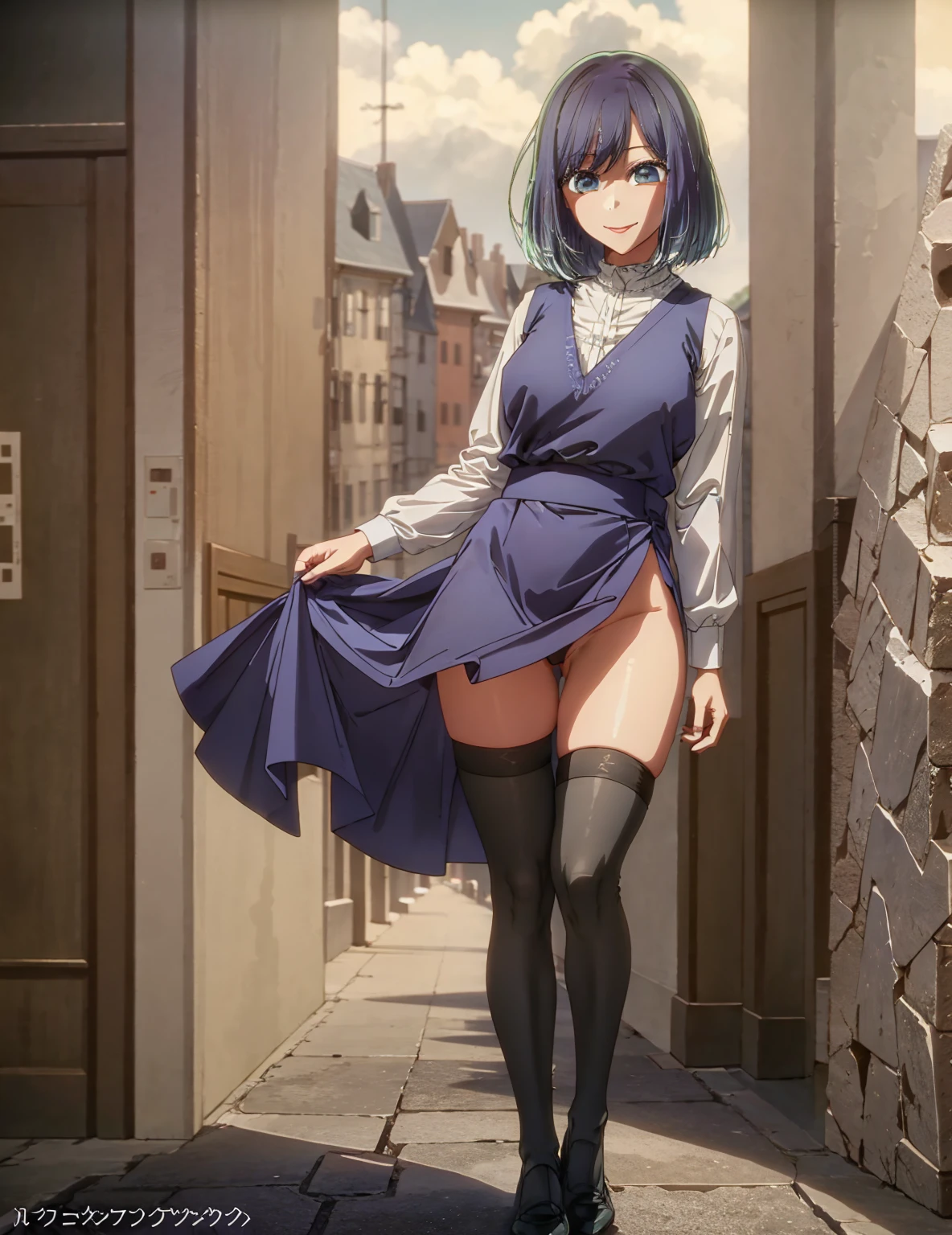 masterpiece, best quality, 1 girl, alone, detailed eyes, good body, beautiful face, smile, good thighs, long black stockings, sexy, hot