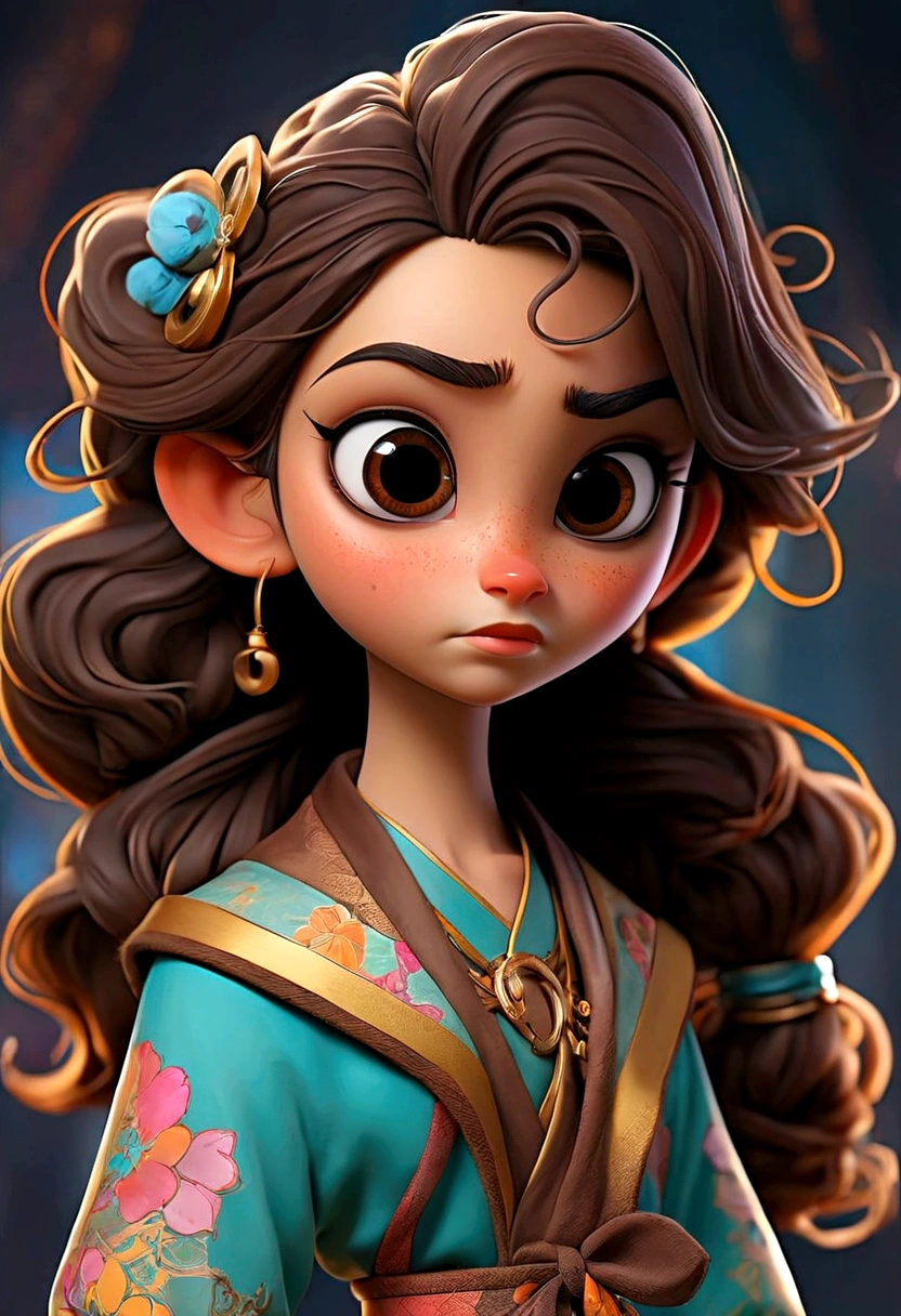 luna, a 12 years old girl, and she is 157cm tall, her hair is curly and brown that fall just above her shoulders often tied up in a pony tail with a few stray strands framing her face, her eyes are big, bright, round, she has a warm golden brown complexion, her face is heart shaped whit high cheek bones and pointed chin, she often wears colorful outfits with pattern and texture that reflect her artistic personality, she is always with a pair of goggles, perched on her forehead standing.