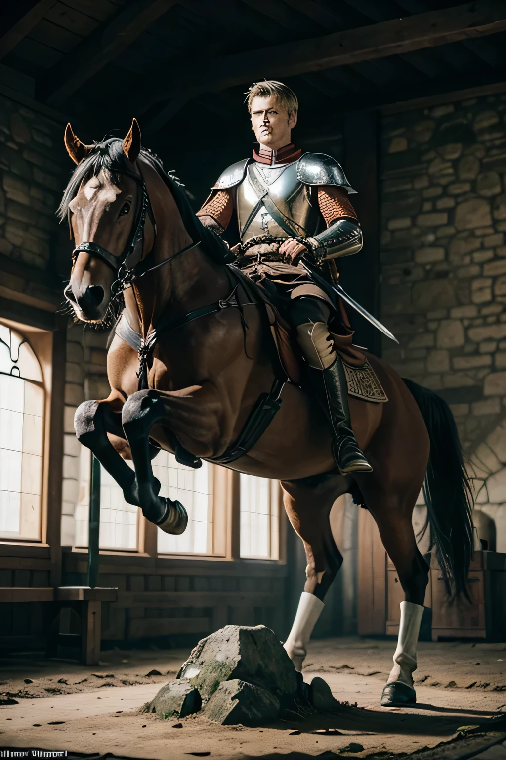 1 men, photo of warrior from the german empire on top of his brown horse, original sword, shield with your clan symbol, boots from medieval times, in a bloody battle, volumetric lighting, athletic, best qualityer, fot, details Intricate, tone mapping, sharp focus, hyper detailled, trends on artstation, gazing at viewer, realisitic