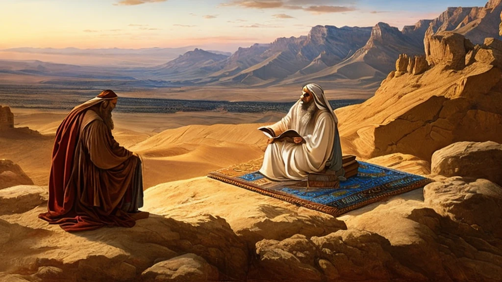 Create a cover image for a YouTube video about the Book of Deuteronomy, part of the Jewish Torah. The image must convey the essence of the content and its importance. Considere os seguintes elementos:
Moses speaking: Show Moses in a leadership position, speaking to a group of Israelites. He could be on a hill or mountain, with a desert scene in the background.
Tablets of the Law: Feature the Tablets of the Ten Commandments, perhaps being held by Moses or positioned centrally in the image.
people of israel: Illustrate a group of Israelites listening intently to Moses, with expressions of attention and reverence.
Visual Context: Use a desert setting with mountains in the background to represent the landscape of the Promised Land. Add symbolic elements like scrolls or the Ark of the Covenant.
artistic style: Opt for an artistic style that combines realism with touches of traditional biblical art. Use warm, natural colors, like shades of brown, gold and light blue.
texto: Include the title “Book of Deuteronomy” in clear, legible letters, positioned at the top or bottom of the image. Use a classic font that conveys seriousness and reverence.
Jewish symbols: Discreetly Add Jewish Symbols, like the Star of David or the Menorah, to reinforce the religious context.