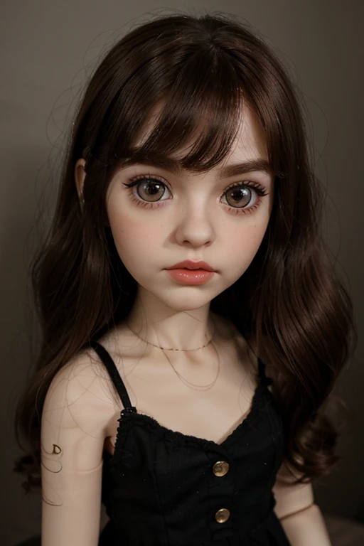 blythe doll with pale skin, dark brown big eyes and long eyelashes, red big lips, and dark brown medium hair with NO BANGS