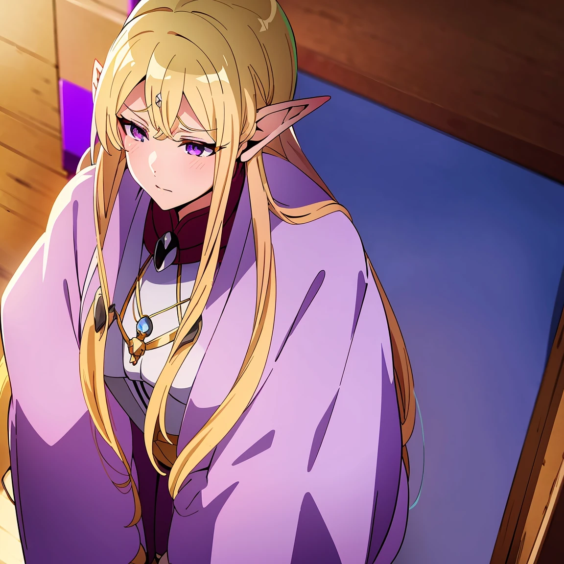 Anime woman, Elf, pointy ears, long blonde hair, purple eyes, sassy expression, gold crown with blue pendant, winter outfit, blue coat, snow, ice