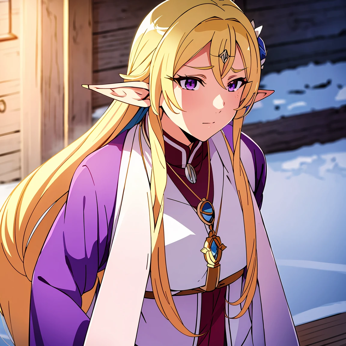 Anime woman, Elf, pointy ears, long blonde hair, purple eyes, sassy expression, gold crown with blue pendant, winter outfit, blue coat, snow, ice