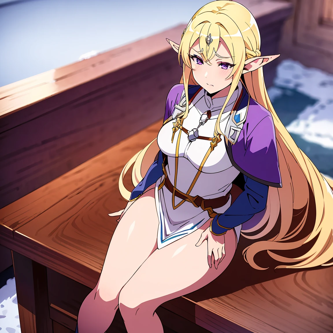 Anime woman, Elf, pointy ears, long blonde hair, purple eyes, sassy expression, gold crown with blue pendant, winter outfit, blue coat, snow, ice