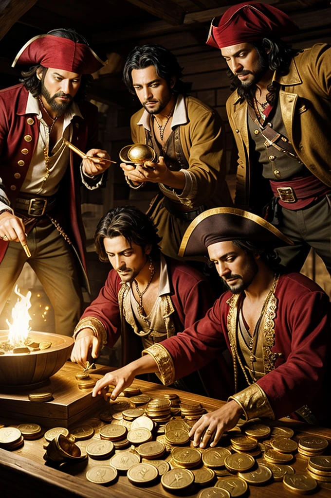 Three pirates opening a treasure full of gold gold coins rubies