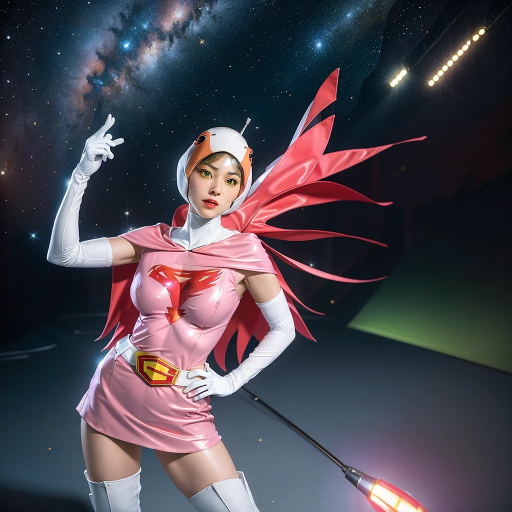 ANI_CLASSIC_jun_gatchaman_ownwaifu,1girl, 15 years old,good anatomy, masterpiece, best quality,realistic, hyperrealistic, 16k hdr,breasts,green eyes,lips,large breasts,lipstick,makeup,gloves,cape,helmet,belt,elbow gloves,white gloves,mask,ultra miniskirt,leotard,spacesuit,white tight overknee highheels boots,pink dress,superhero,bodysuit,cleavage,erected nipples,((stand poses,hands on hip)),cameltoe