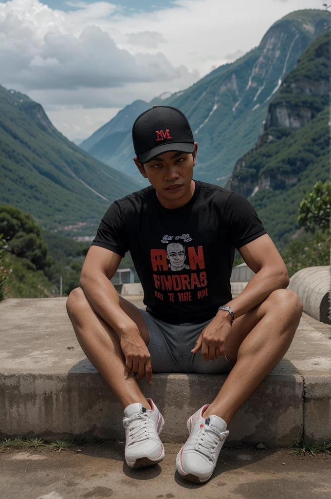 3D Caricature of Indonesian Man Wearing Black Baseball Cap with Writing "SUCH AS" red t-shirt that says "we" gray shorts, white shoes, sitting on the hood of an old hartop, beautiful natural mountains, photo distance 5 meters, cool, smooth