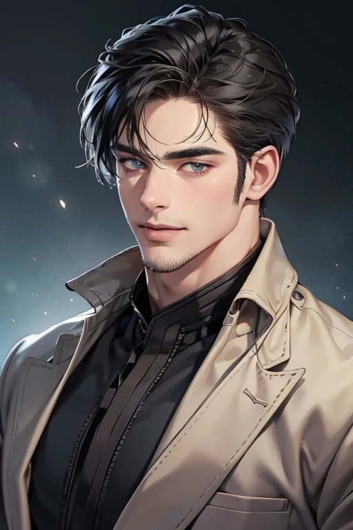 (best quality,4k,8k,highres,masterpiece:1.2),ultra-detailed,(realistic,photorealistic,photo-realistic:1.37),30 year old man,3 day beard,handsome anime,portraits,strong,masculine,dark hair,sharp jawline,mesmerizing eyes,perfectly styled hair,cool anime outfit,confident expression,vibrant colors,dynamic lighting, CEO and expression smile in love.