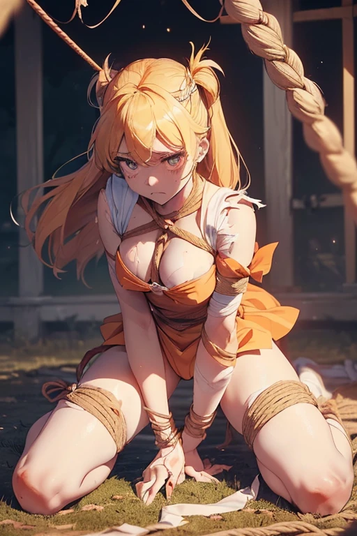 (Very detailed),Mid-chest, Detailed hands, Sailor Venus,I'm injured、On one knee、(((Crippling)))、(((Her costume is torn and her skin is showing)))、Bleeding、enduring pain、(((Hands tied)))、(((He is in agony after receiving a fierce attack from the enemy.)))、(((Being tied up with rope)))、(((I've been punched in the stomach)))