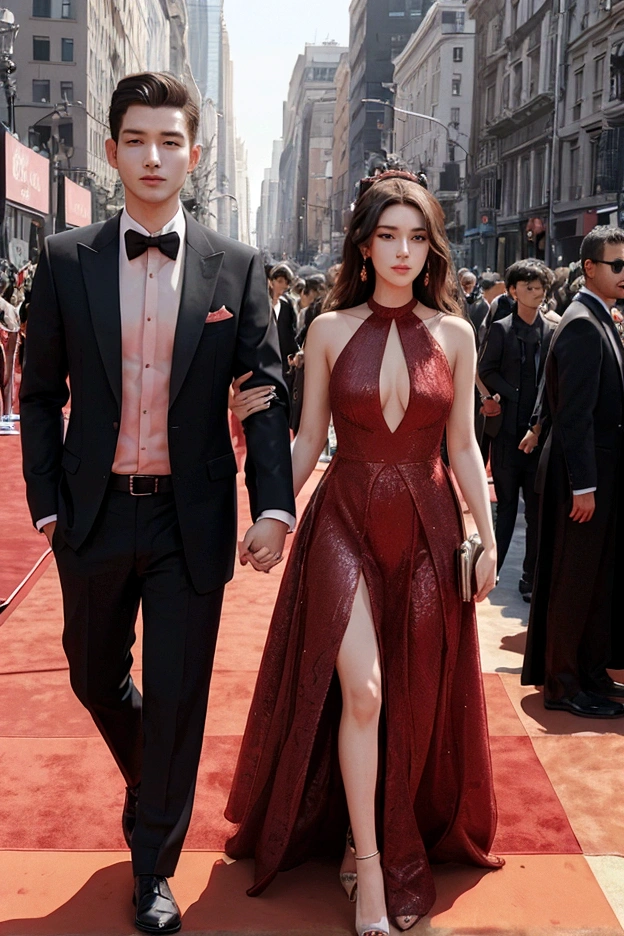 1 woman, 1 man, ideal , dress, Red carpet background, couple, Instagram Filter,