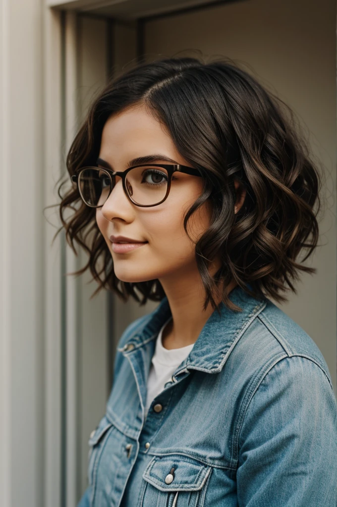 Girl with short wavy hair with glasses