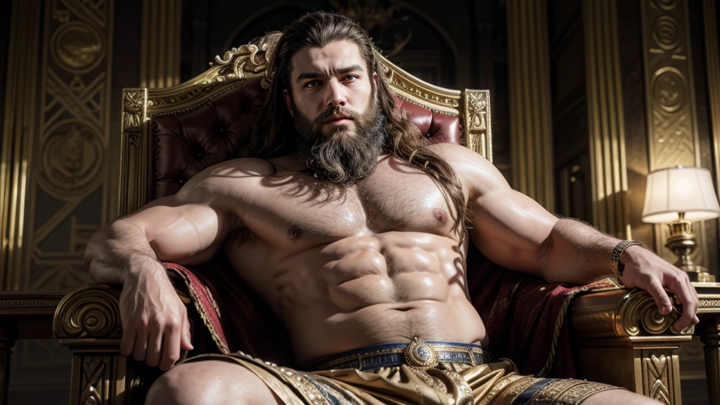 Photorealistic photo, a strong and muscular Babylonian king with curly hair and a thick beard, with his throne seen in the background.