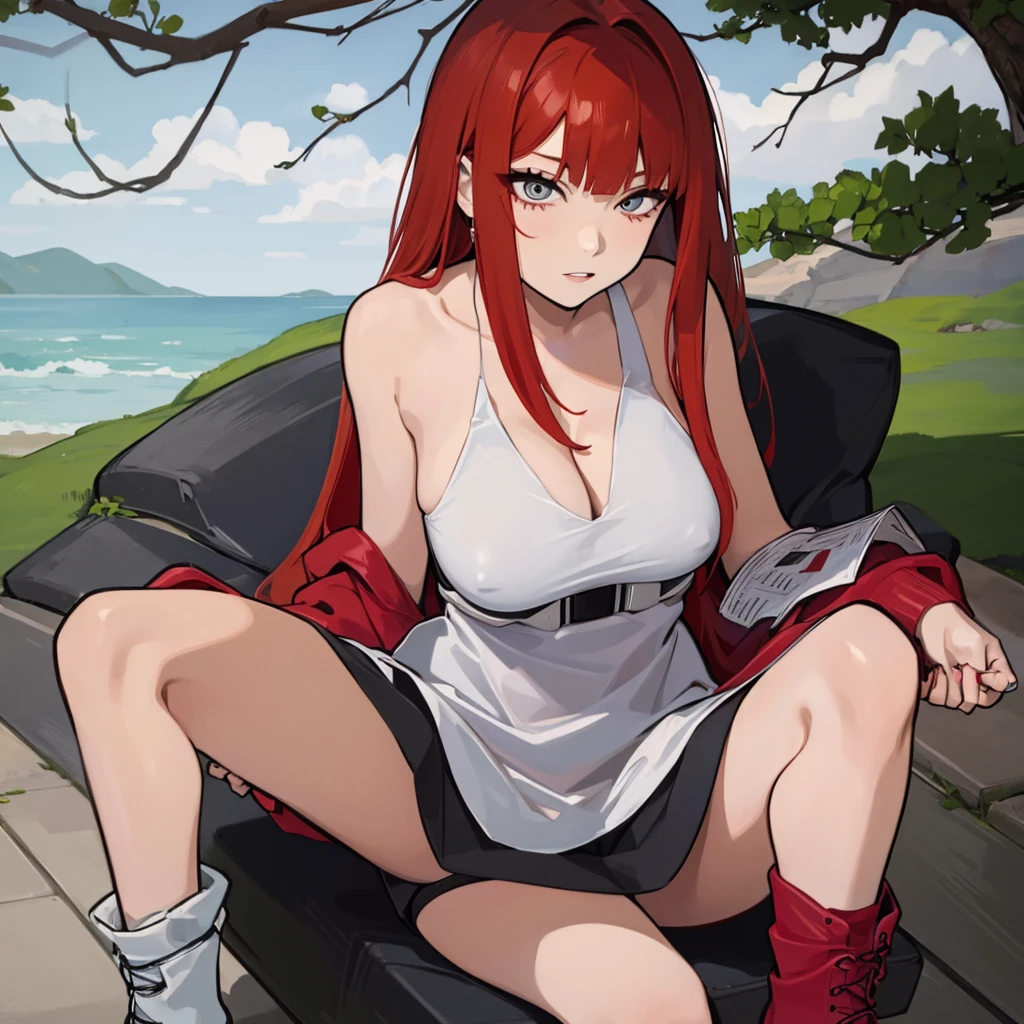 20-years old woman, red hair combed to the left side, grey eyes