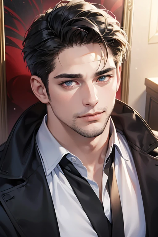 (best quality,4k,8k,highres,masterpiece:1.2),ultra-detailed,(realistic,photorealistic,photo-realistic:1.37),30 year old man,3 day beard,handsome anime,portraits,strong,masculine,dark hair,sharp jawline,mesmerizing eyes,perfectly styled hair,cool anime outfit,confident expression,vibrant colors,dynamic lighting, CEO and expression smile in love.
