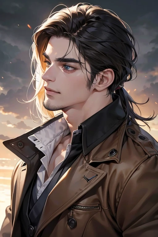 (best quality,4k,8k,highres,masterpiece:1.2),ultra-detailed,(realistic,photorealistic,photo-realistic:1.37),30 year old man,3 day beard,handsome anime,portraits,strong,masculine,dark hair,sharp jawline,mesmerizing eyes,perfectly styled hair,cool anime outfit,confident expression,vibrant colors,dynamic lighting, CEO and expression smile in love.