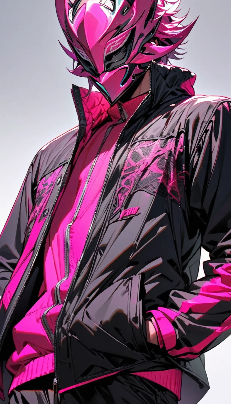 A man in a mask and black jacket, Hands in your pocket, Stylish pose, Centralized in the center, High quality, High details, Simple white background, Neon pink tone