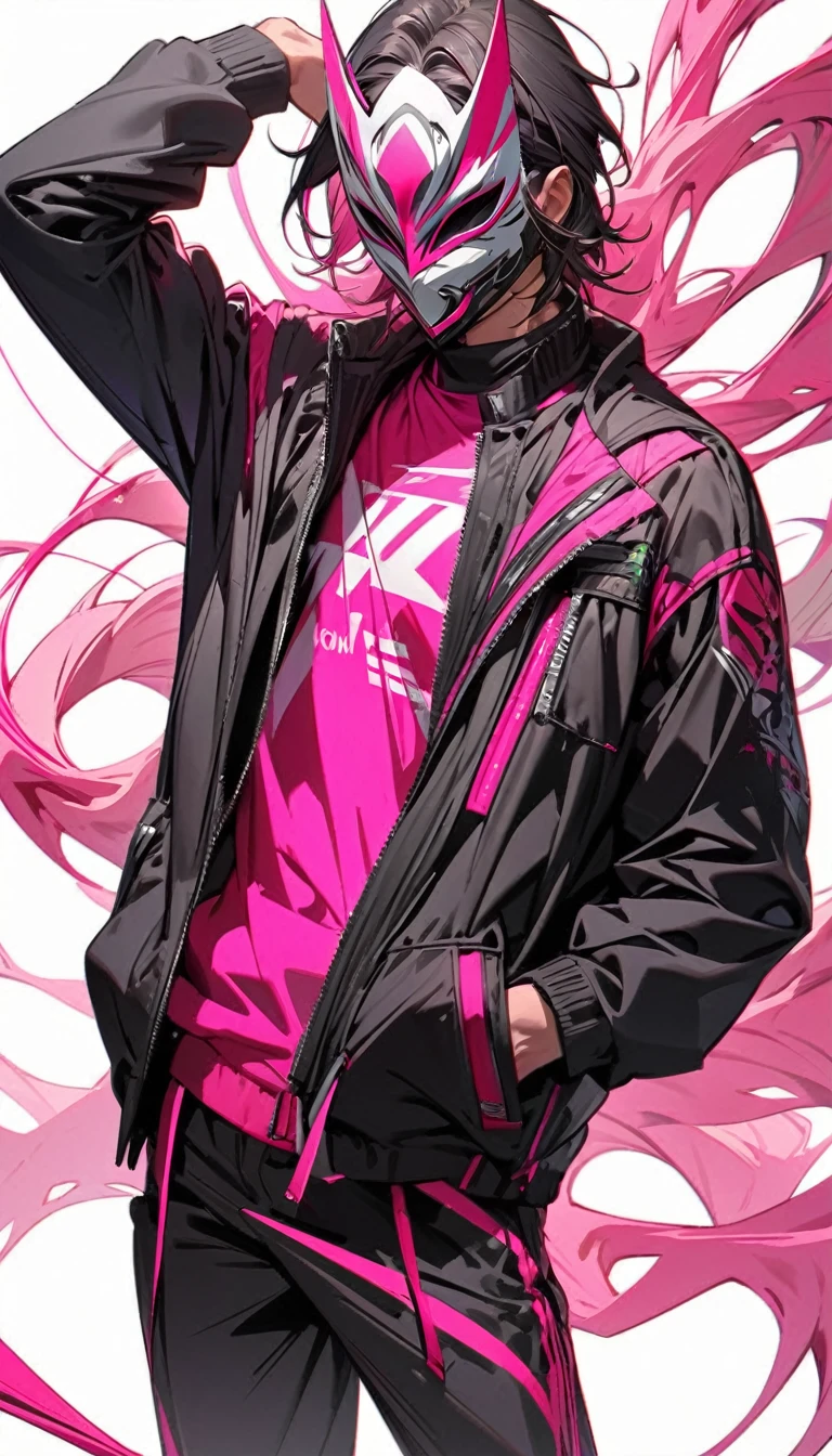 A man in a mask and black jacket, Hands in your pocket, Stylish pose, Centralized in the center, High quality, High details, Simple white background, Neon pink tone