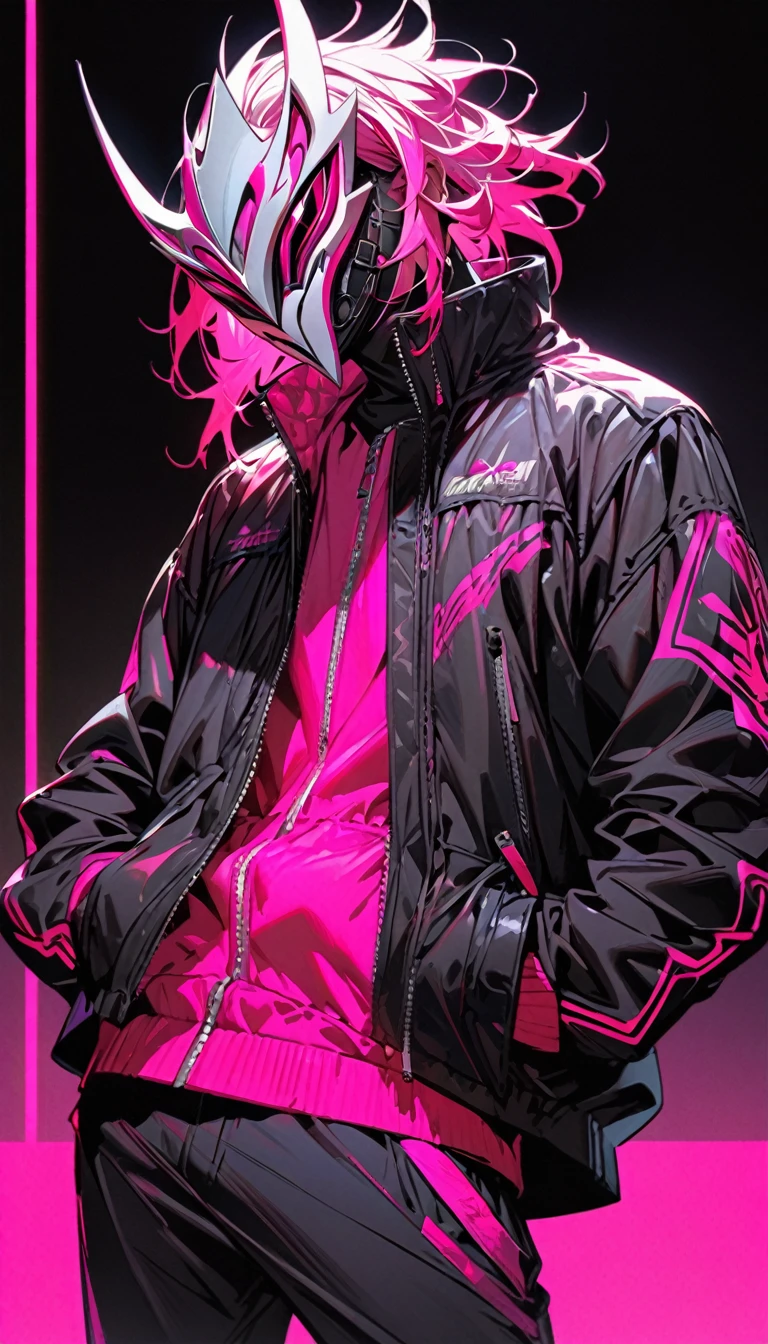 A man in a mask and black jacket, Hands in your pocket, Stylish pose, Centralized in the center, High quality, High details, Simple white background, Neon pink tone