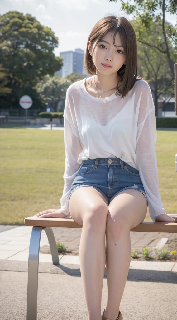 mix4, 20 days, Solo, Long_Hair, Nanase Nishino, Haruka Kaki, Miniskirt, park, bench, Sitting, (8K, RAW photography, Best quality, Masterpiece:1.2), (Realistic, Photorealistic:1.37), Professional lighting, photon maping, Radio City, physically-based renderingt