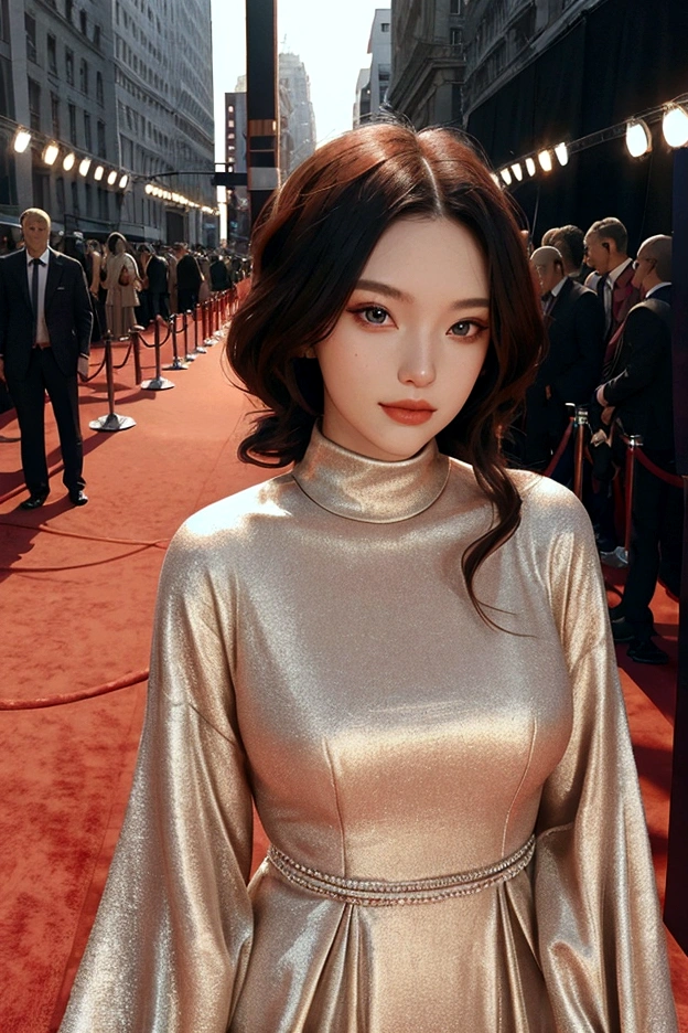 1 woman, 1 man, ideal , dress, Red carpet background, couple, Instagram Filter,