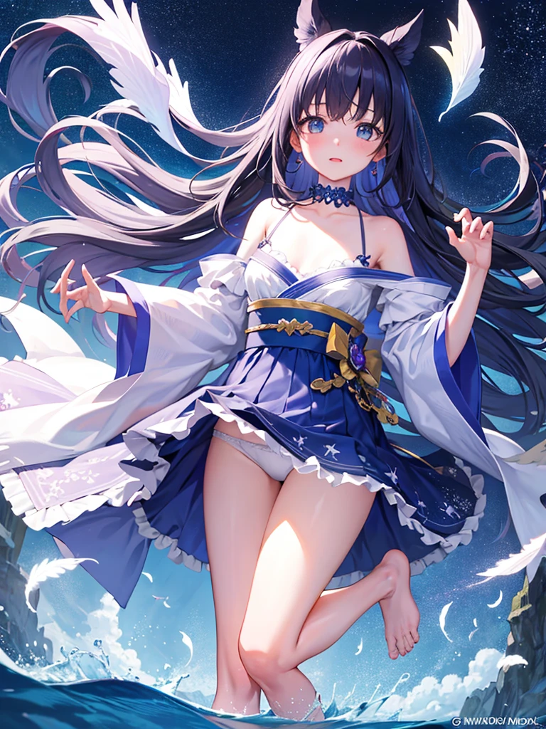 photo realistic, photo realistic, photo realistic, (masterpiece,best quality:1.4),(8K,raw photo,photo realistic:1.2),Not Safe for Work, detailed skin,detailed face,1girl,Japanese idol,cute face,,, Girl Standing On Water、bionde、Wavy Hair、blue eyes、Semi-long、mini skirt、White frills pants、lift your skirt、Light blue dress、beautiful eyes、Sparkling、Eyes that seem to be sucked in、Standing Girl、one girl、14Age、Beautiful scenery、moonlight、A very big moon、Beautiful starry sky、shooting star、high resolution、night view、The Lost City、barefoot、whole body、Scattering Flowers、Hanabubuki、pretty fingers、beautiful feet、small breasts、girl in return、broken town、Fluttering feathers、frills、The whole screen is sparkling、Lots of feathers、fantasy、mysterious、face angle,upper body up、rainbow light、