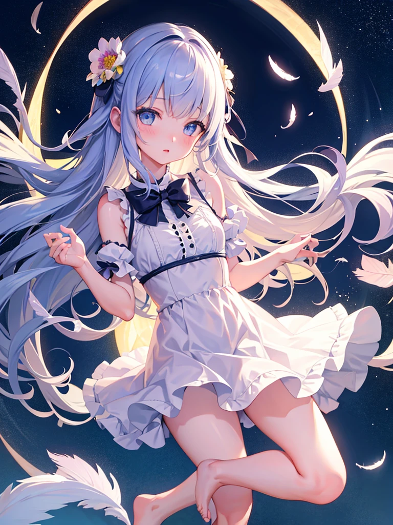 photo realistic, photo realistic, photo realistic, (masterpiece,best quality:1.4),(8K,raw photo,photo realistic:1.2),Not Safe for Work, detailed skin,detailed face,1girl,Japanese idol,cute face,,, Girl Standing On Water、bionde、Wavy Hair、blue eyes、Semi-long、mini skirt、White frills pants、lift your skirt、Light blue dress、beautiful eyes、Sparkling、Eyes that seem to be sucked in、Standing Girl、one girl、14Age、Beautiful scenery、moonlight、A very big moon、Beautiful starry sky、shooting star、high resolution、night view、The Lost City、barefoot、whole body、Scattering Flowers、Hanabubuki、pretty fingers、beautiful feet、small breasts、girl in return、broken town、Fluttering feathers、frills、The whole screen is sparkling、Lots of feathers、fantasy、mysterious、face angle,upper body up、rainbow light、