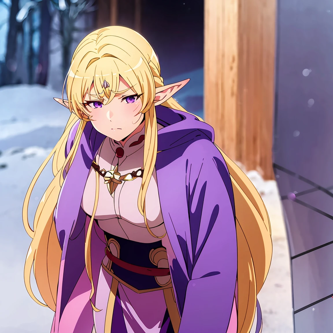 Anime woman, Elf, pointy ears, long blonde hair, purple eyes, sassy expression, gold crown with blue pendant, winter outfit, blue coat, snow, ice