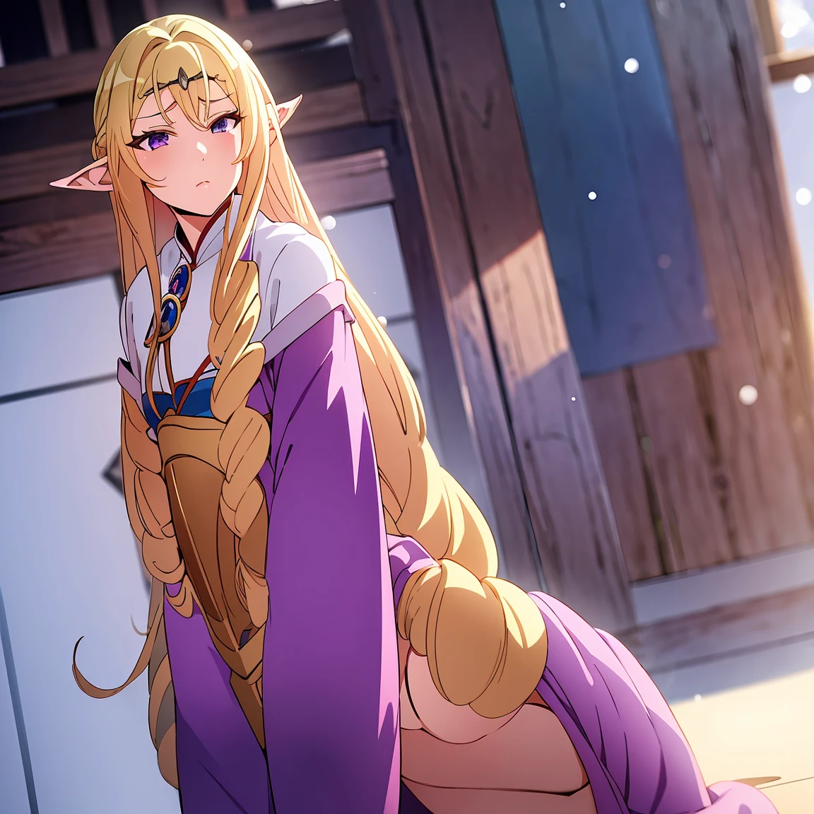 Anime woman, Elf, pointy ears, long blonde hair, purple eyes, sassy expression, gold crown with blue pendant, winter outfit, blue coat, snow, ice