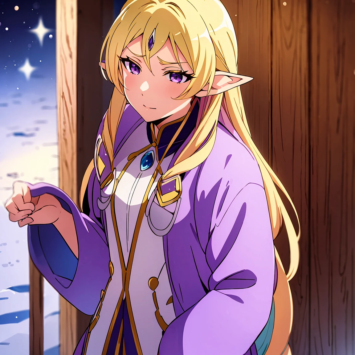 Anime woman, Elf, pointy ears, long blonde hair, purple eyes, sassy expression, gold crown with blue pendant, winter outfit, blue coat, snow, ice