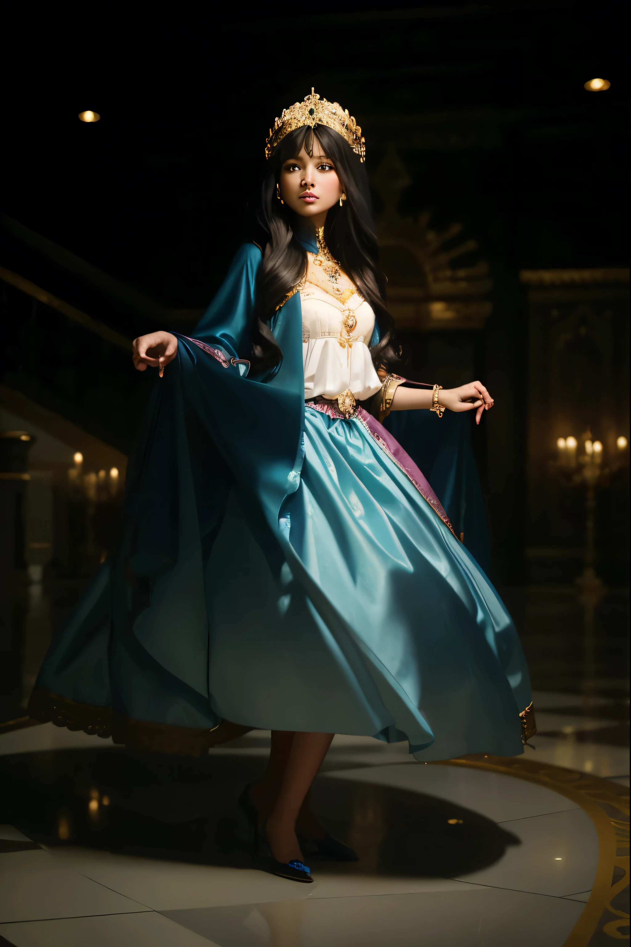 (Best quality, 8k, 32k, Masterpiece, UHD:1.2), "Transform the scene into a luxurious palace inspired by the world of Barbie: Princess and the Pauper. Picture an opulent, grandiose interior adorned with sparkling chandeliers and intricate gold detailing. The walls are decorated with elegant tapestries and lavish paintings, capturing the essence of royal splendor.

The floor is made of polished marble, reflecting the grandeur of the surroundings, and lined with plush, richly colored carpets. Tall, arched windows draped with silken curtains allow sunlight to stream in, casting a warm, golden glow across the room.

In the center, a majestic staircase with ornate railings winds upwards, leading to the upper levels of the palace. The banisters are adorned with delicate carvings and lined with luxurious fabric. The furniture is exquisite, featuring finely crafted pieces with velvet upholstery and gilded accents.

Floral arrangements in ornate vases add a touch of natural beauty, while sparkling jewels and decorative elements emphasize the palace's royal elegance. The atmosphere exudes a fairy-tale charm, capturing the magical essence of the Barbie: Princess and the Pauper world.

Create a scene that evokes wonder and enchantment, reflecting the luxurious and regal ambiance of a royal palace from a beloved fairy-tale world."