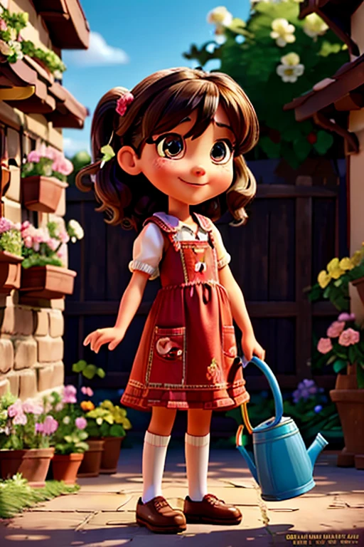 A 6  girl, watering a rose bush, girl with watering can in her hand, happy girl, with a smile on her face, cartoon, Disney children's film, detailed cute girl, beautiful detailed eyes, beautiful detailed lips, extremely detailed face, long eyelashes, colorful,vibrant colors, soft lighting, magical, whimsical, fantasy, intricate details, highly detailed, masterpiece, 8k, photorealistic