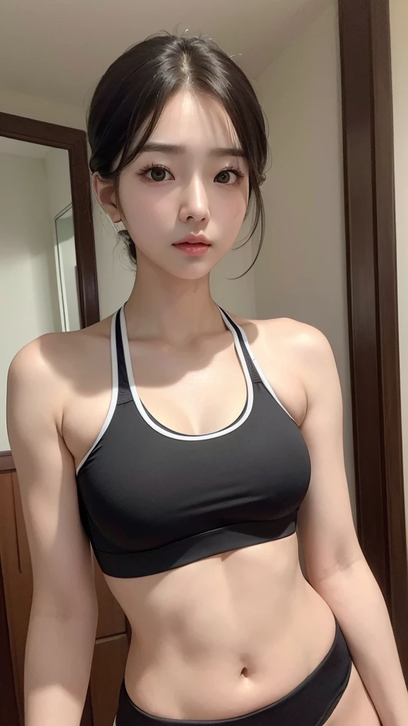 (((masterpiece))),(((High resolution)))、(((8K)))、(((perfect face)))、(((Korean beauty)))、30 years old、thighs, (((beautiful face))), (((sports bra))), embarrassed look, look at the camera, top quality eyes, detailed texture, big tits, ((high resolution face)), plump