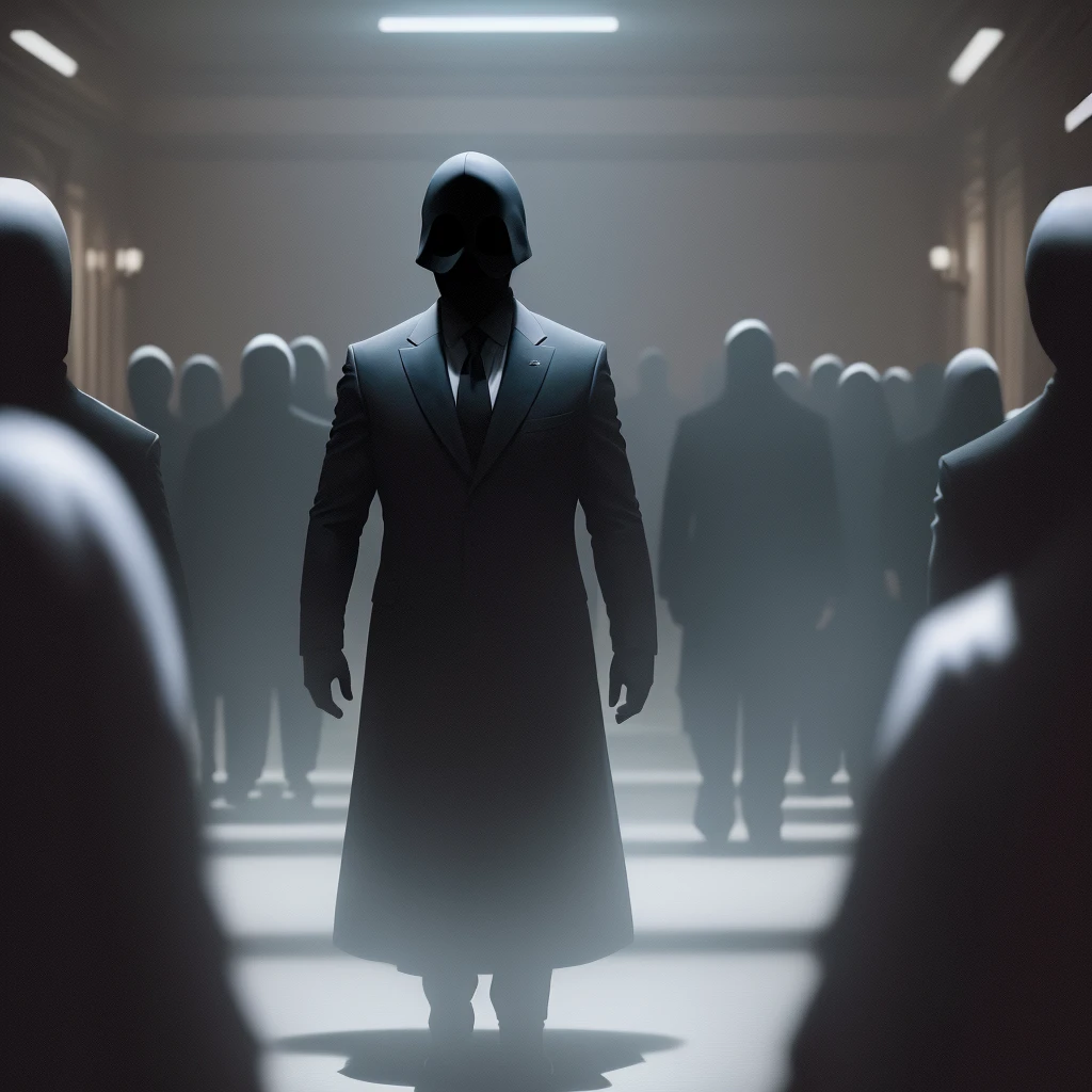 There were many shadowy figures in the dark room., Secret government agent, Hundreds of people々, Secret Meeting, No face, Anonymous person, Many people々