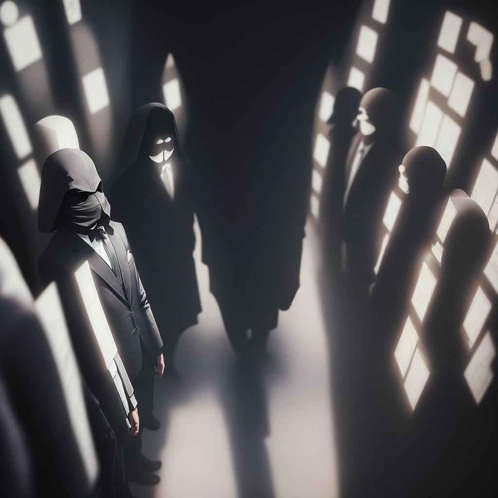 There were many shadowy figures in the dark room., Secret government agent, Hundreds of people々, Secret Meeting, No face, Anonymous person, Many people々
