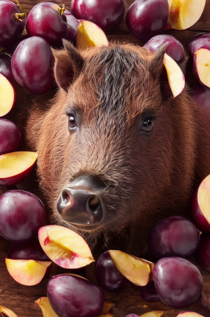 (Masterpiece, Best Quality, Illustration, Fine Detail), ((Very Detailed CG Unity 8k Wallpaper, High Resolution)), High Saturation, Low Brightness, ConceptArt, boar made of plums, a plum boar, cute, boar skin is plum texture