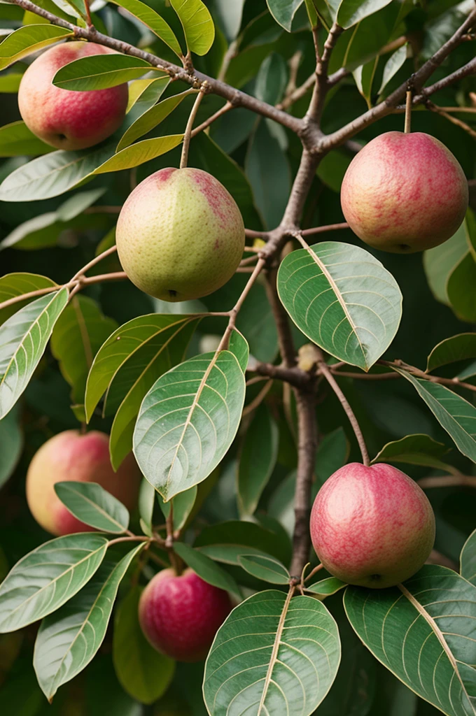 Generates an image of a plant with a small realistic guava fruit with a background of a small orchard