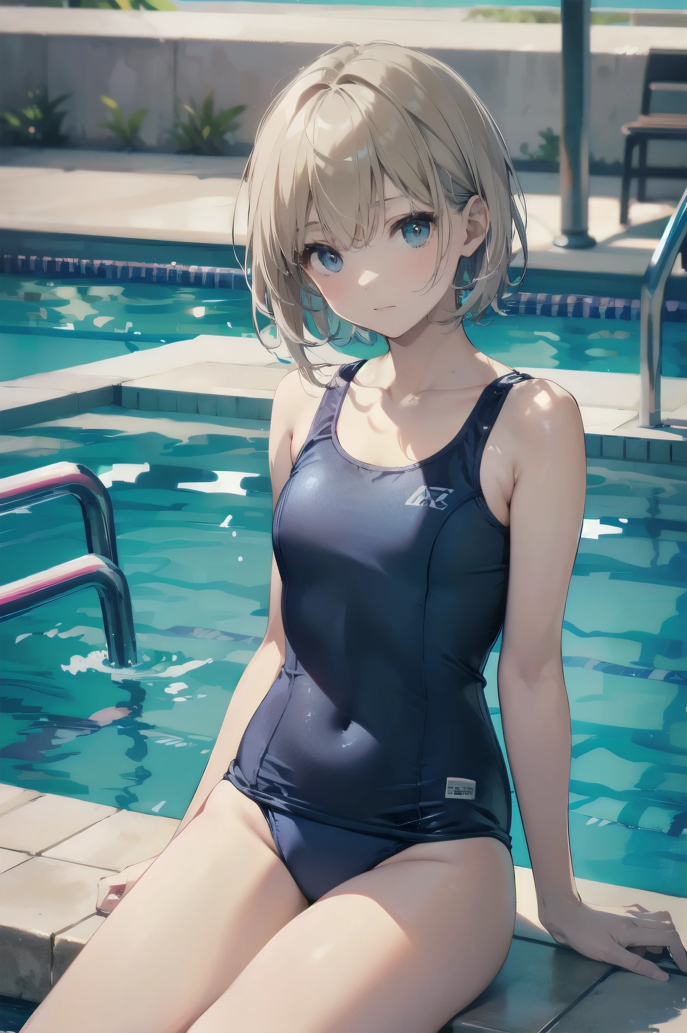 high quality、最high quality、Ultra-high resolution、Slender beauty、School Swimsuit、Gray Hair、Blonde Short Hair、Embarrassed look、Droopy eyes、Poolside