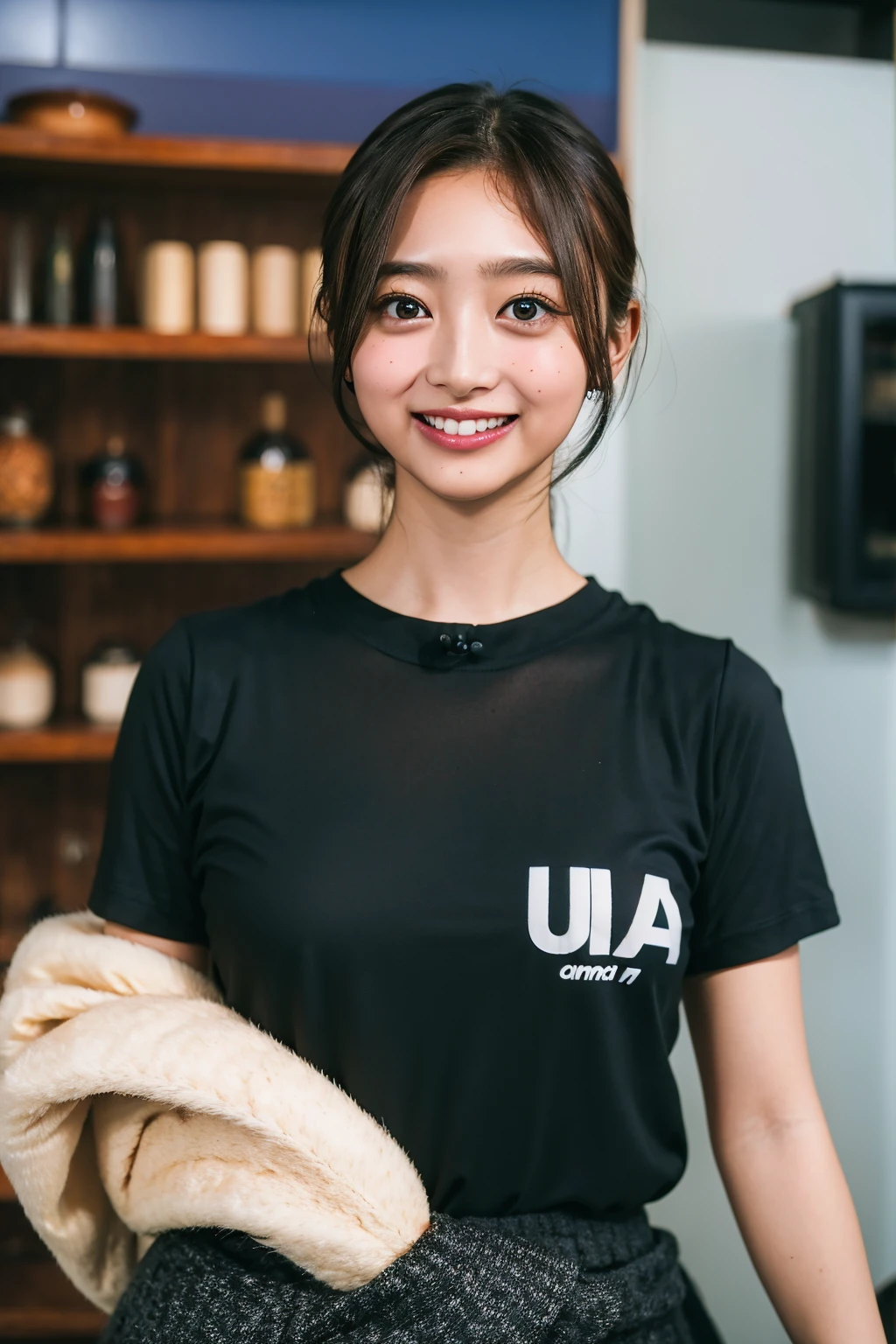 (((upper body shot))),Ultra-high resolution,big eyes,((brown eyes)),Japanese,(a girl),(1 girl),(()),(cute),pretty,((facing at viewer)),arms behind back,grin,(((black shirt)))