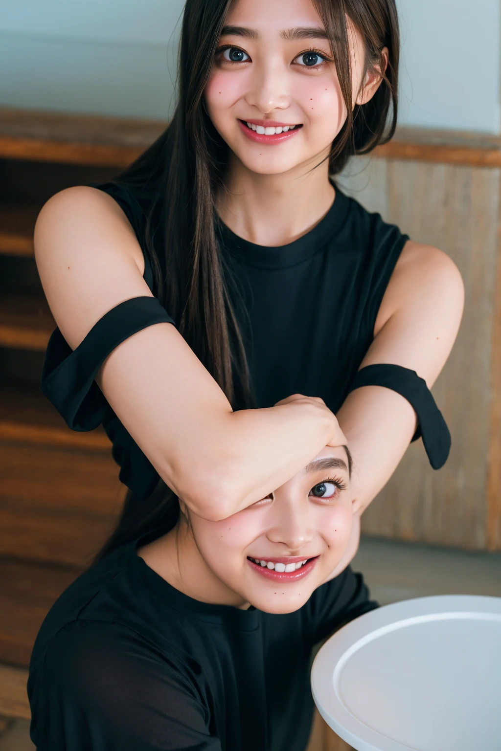(((upper body shot))),Ultra-high resolution,big eyes,((brown eyes)),Japanese,(a girl),(1 girl),((17 years old)),(cute),pretty,((facing at viewer)),arms behind back,grin,(((black shirt)))