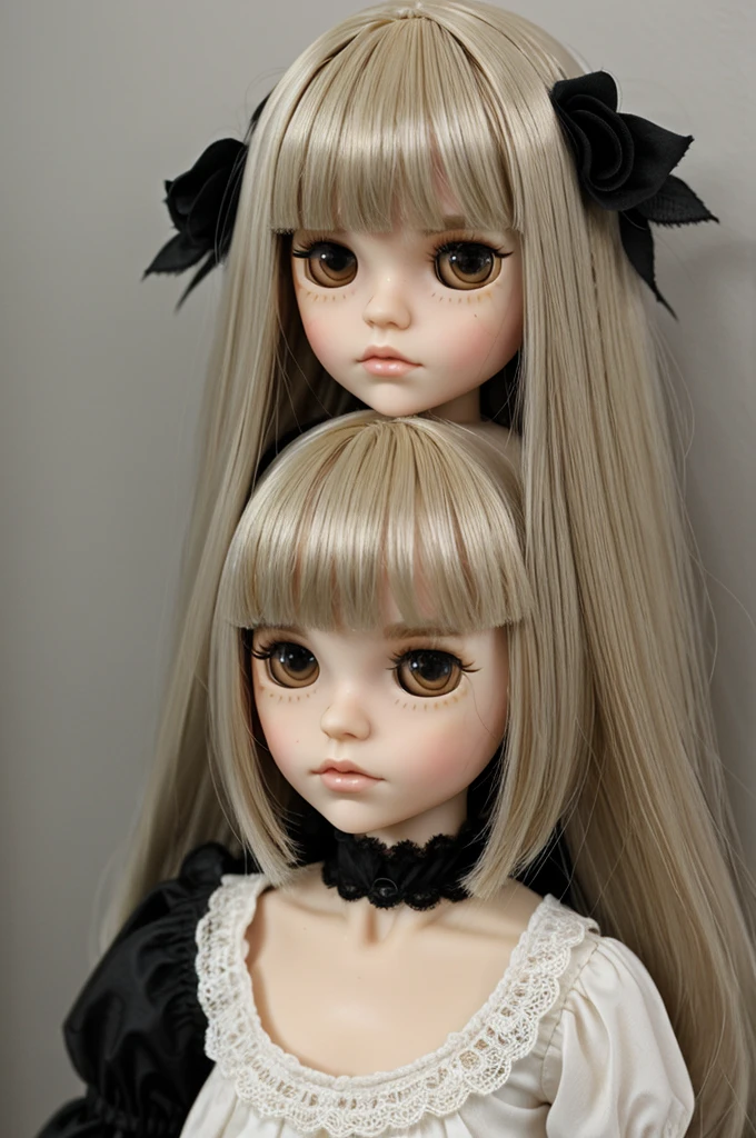 Blythe doll with pale skin with honey-colored hair and black eyes. Have bangs and hair cut in mullet-style layers. With gothic style.