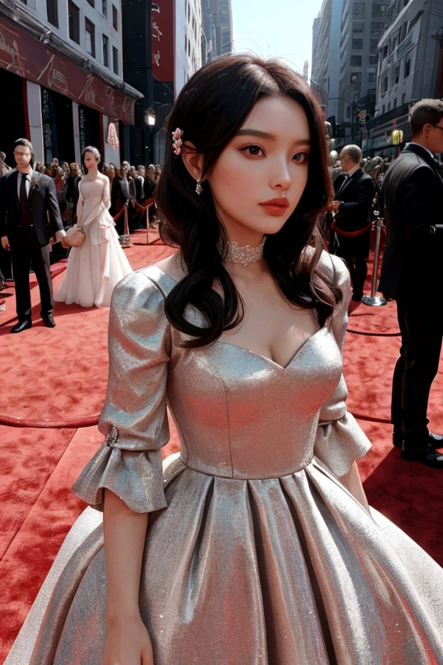1 woman, 1 man, ideal , dress, Red carpet background, couple, Instagram Filter,