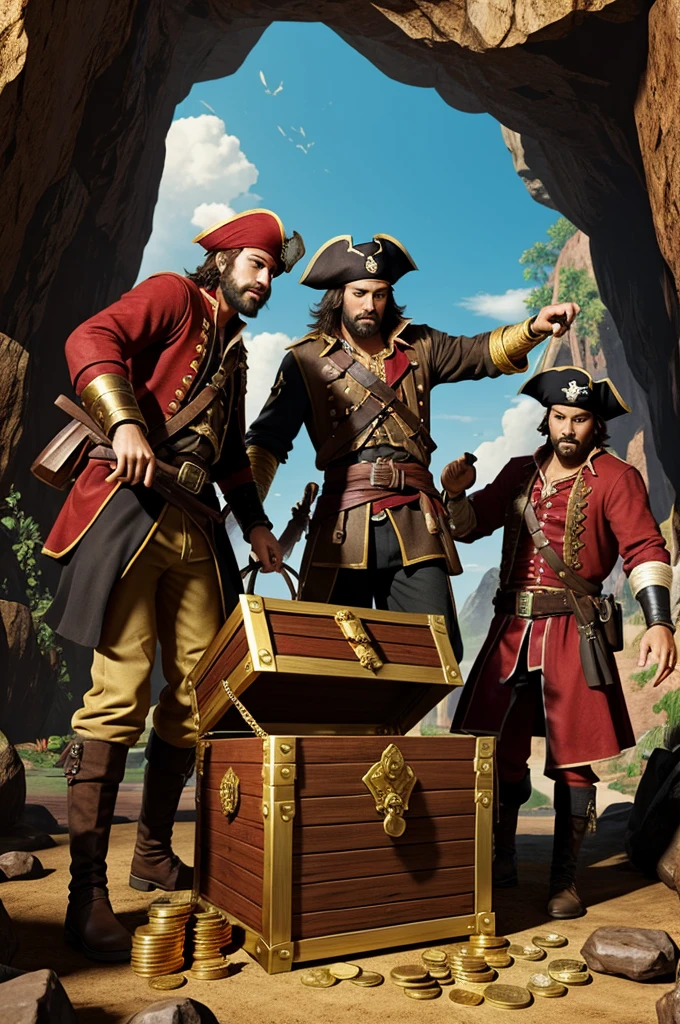 Three male pirates opening a treasure chest with gold coins and rubies in a cave